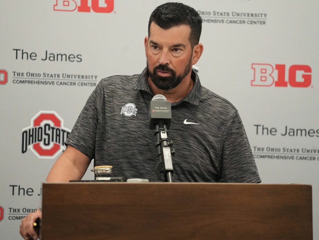 Ohio State football coach Ryan Day speaks with the media August 27, 2024 in the team meeting room.