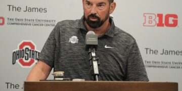 Ohio State football coach Ryan Day speaks with the media August 27, 2024 in the team meeting room.