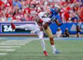 Sep 16, 2023; Tulsa, Oklahoma, USA; OklahomaÕs Kendel Dolby (15) intercepts the ball in the first quarter against the Tulsa Golden Hurricane at Skelly Field at H.A. Chapman Stadium. Mandatory Credit: Nathan J. Fish-USA TODAY Sports