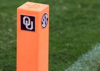 AN end zone plyon with the SEC logo on it is pictured during a college football game between the University of Oklahoma Sooners (OU) and the Houston Cougars at Gaylord Family – Oklahoma Memorial Stadium.