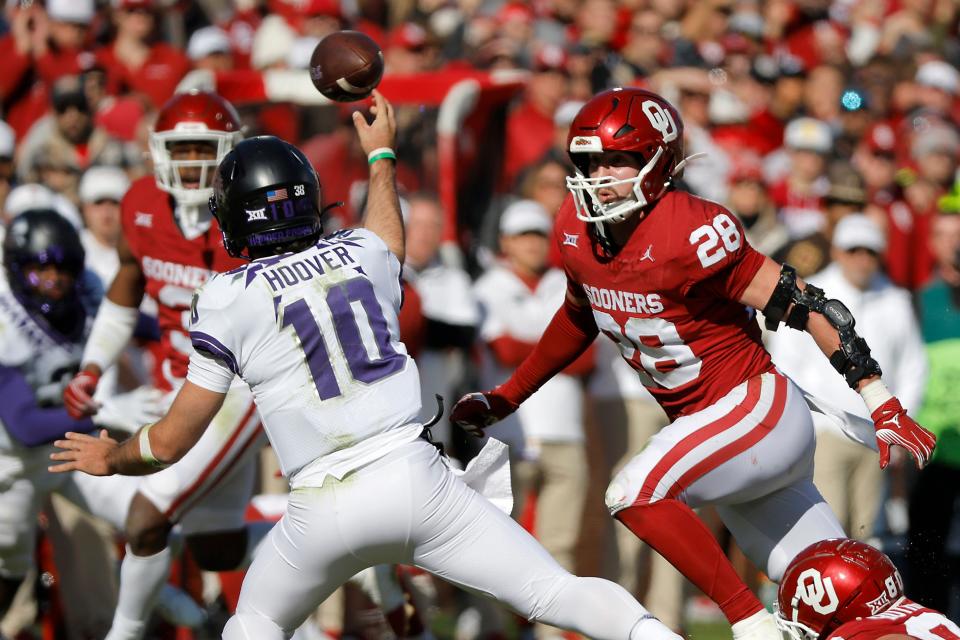 Oklahoma Sooners linebacker Danny Stutsman (28) runs after TCU Horned Frogs quarterback Josh Hoover (10) as he throws a pass during a college football game between the University of Oklahoma Sooners (OU) and the TCU Horned Frogs at Gaylord Family-Oklahoma Memorial Stadium in Norman, Okla., Friday, Nov. 24, 2023. Oklahoma won 69-45. BRYAN TERRY/THE OKLAHOMAN / USA TODAY NETWORK