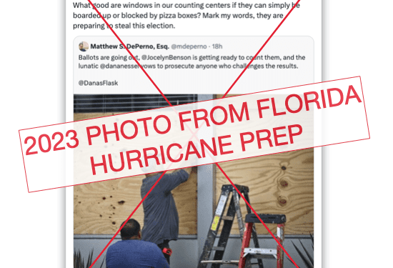 Picture of boarded-up windows is from 2023 Florida storm, not Michigan voting centers