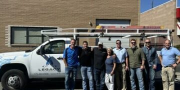 From left to right: Mike Glover, Legacy Fire Services Co-owner; Ray Wright, Pye-Barker; Billy and Debby Walker, Legacy Co-owners; Rod DiBona, Ben Brooks, Kyle Watson, and Justin Merrick, all from Pye-Barker.