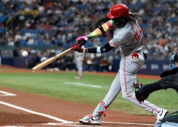 Cincinnati Reds shortstop Elly De La Cruz (44) flies out against the Tampa Bay Rays during the first inning at Tropicana Field.