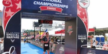 Santa Cruz's Connor Spencer completes the 2024 USA Triathlon Sprint Distance National Championships in Atlantic City, N.J., on Sept. 15. He took first place in the Clydesdale division. (FinisherPix)