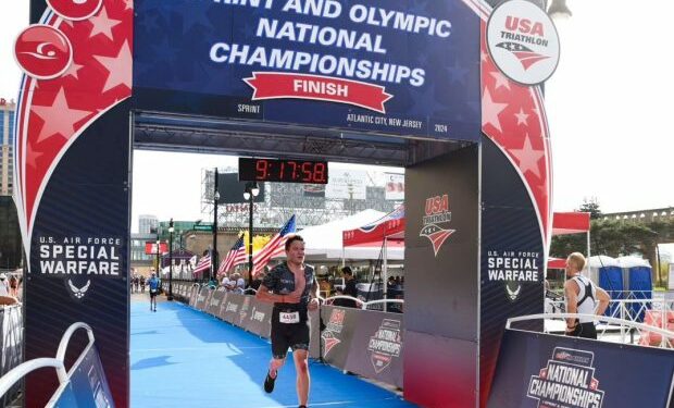 Santa Cruz's Connor Spencer completes the 2024 USA Triathlon Sprint Distance National Championships in Atlantic City, N.J., on Sept. 15. He took first place in the Clydesdale division. (FinisherPix)