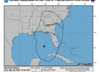 Projected arrival time of tropical-storm-force winds from Hurricane Helene, as of Thursday, Sept. 26, 2024.