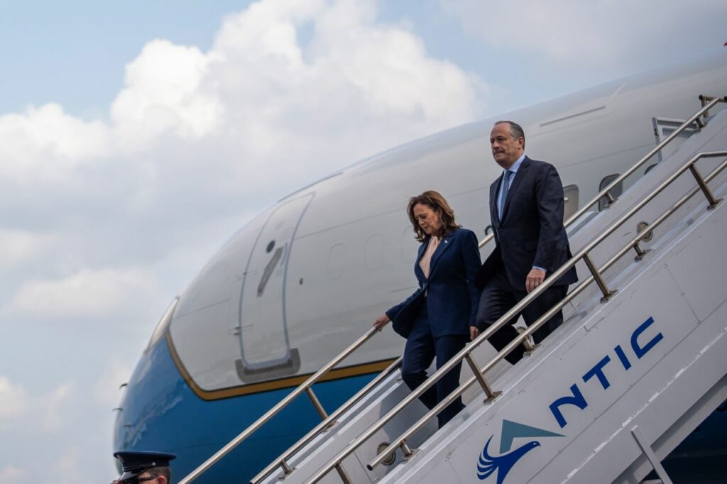 Vice President Kamala Harris and her husband second gentleman Doug Emhoff arrive at Philadelphia International Airport for a campaign event at the Liacouras Center at Temple University on August 6 in Philadelphia.