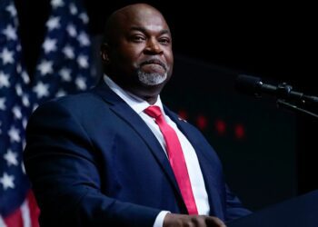 North Carolina Lt. Gov. Mark Robinson speaks before former President Donald Trump at a campaign rally in Asheville, North Carolina, on August 14. 