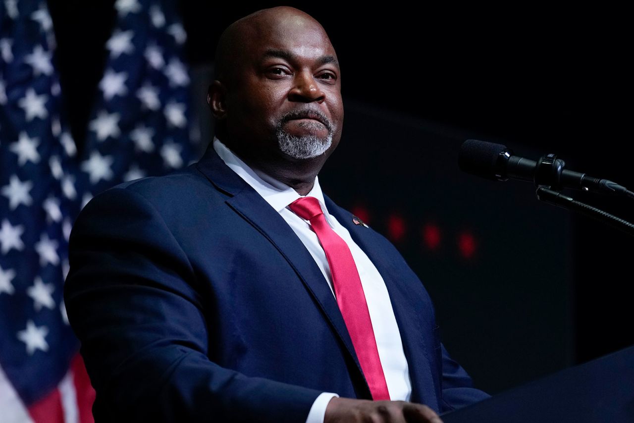 North Carolina Lt. Gov. Mark Robinson speaks before former President Donald Trump at a campaign rally in Asheville, North Carolina, on August 14. 