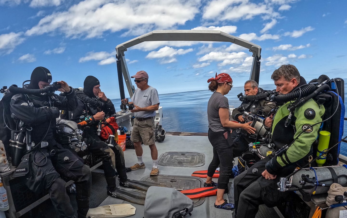 The team from Atlantic Wreck Salvage prepared for a dive. From left were Tim Whitehead, Tom Packer, Eric Takakjian, Jennifer Sellitti, Joe Mazraani, and Andrew Donn.