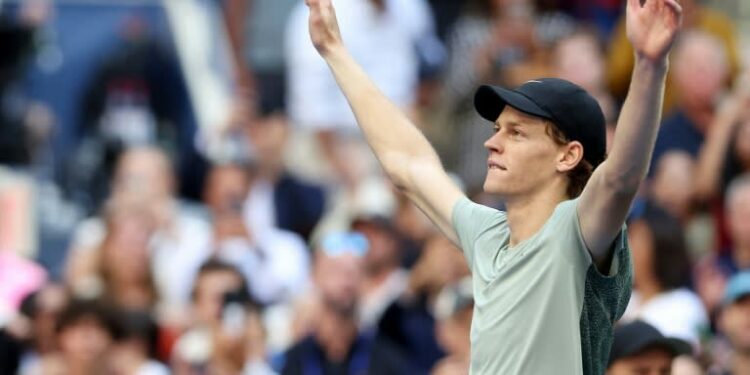 Victory: Jannik Sinner celebrates after defeating Taylor Fritz (MATTHEW STOCKMAN)