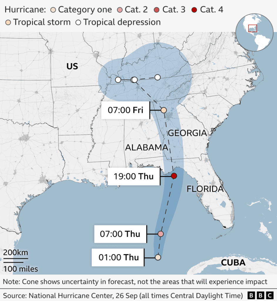 Graphic showing the forecast path of Hurricane Helene. As of 01:00 local time Thursday it was north of Mexico and heading north towards the US. It is due to become a category four hurricane at 19:00 local time on Thursday before making landfall in northern Florida shortly afterwards.