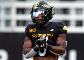 Southern Miss Golden Eagles running back Derek Clark (0) during a game between Southern Miss and South Florida at M.M. Roberts Stadium in Hattiesburg on Saturday, Sept. 14, 2024.