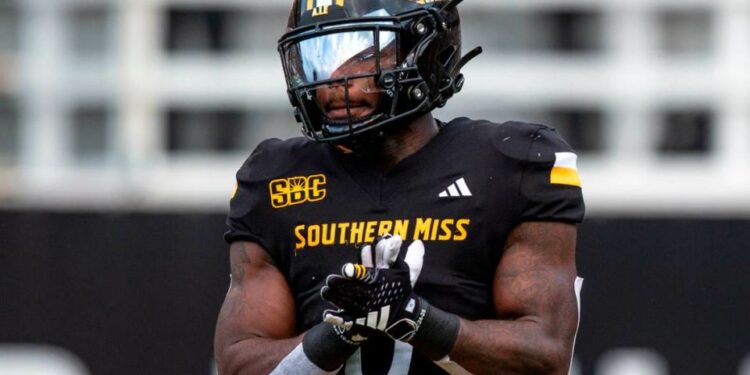 Southern Miss Golden Eagles running back Derek Clark (0) during a game between Southern Miss and South Florida at M.M. Roberts Stadium in Hattiesburg on Saturday, Sept. 14, 2024.