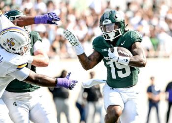 Michigan State's Kay'ron Lynch-Adams runs for a gain against Prairie View A&M during the first quarter on Saturday, Sept. 14, 2024, at Spartan Stadium in East Lansing.