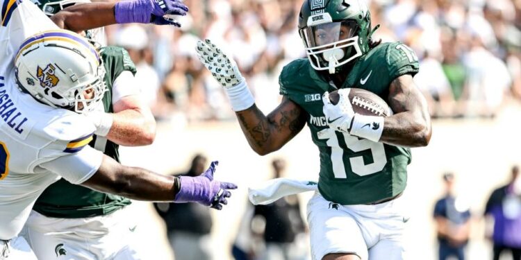 Michigan State's Kay'ron Lynch-Adams runs for a gain against Prairie View A&M during the first quarter on Saturday, Sept. 14, 2024, at Spartan Stadium in East Lansing.