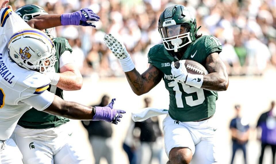 Michigan State's Kay'ron Lynch-Adams runs for a gain against Prairie View A&M during the first quarter on Saturday, Sept. 14, 2024, at Spartan Stadium in East Lansing.