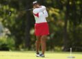 Team USA's Lilia Vi hits a tee shot at the Solheim Cup at Robert Trent Golf Club