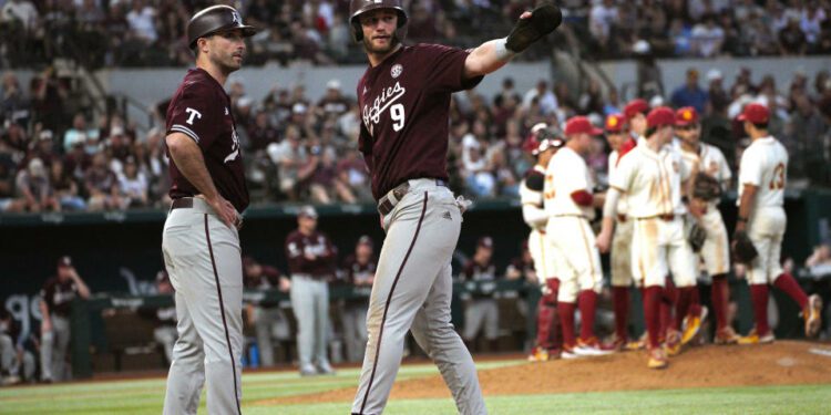 Mar 2, 2024; Arlington, TX, USA; Texas A&M Aggies compete against University of Southern California Trojans during the Kubota College Baseball Series - Weekend 3 at Globe Life Field. Mandatory Credit: Dustin Safranek-USA TODAY Sports