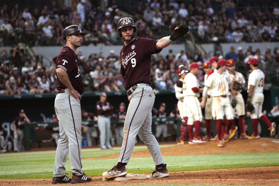 Mar 2, 2024; Arlington, TX, USA; Texas A&M Aggies compete against University of Southern California Trojans during the Kubota College Baseball Series - Weekend 3 at Globe Life Field. Mandatory Credit: Dustin Safranek-USA TODAY Sports