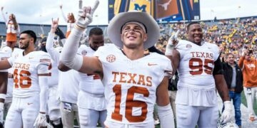 Texas safety Michael Taaffe and fellow Longhorns celebrate 31-12 win over Michigan at Michigan Stadium in Ann Arbor on Saturday, September 7, 2024.