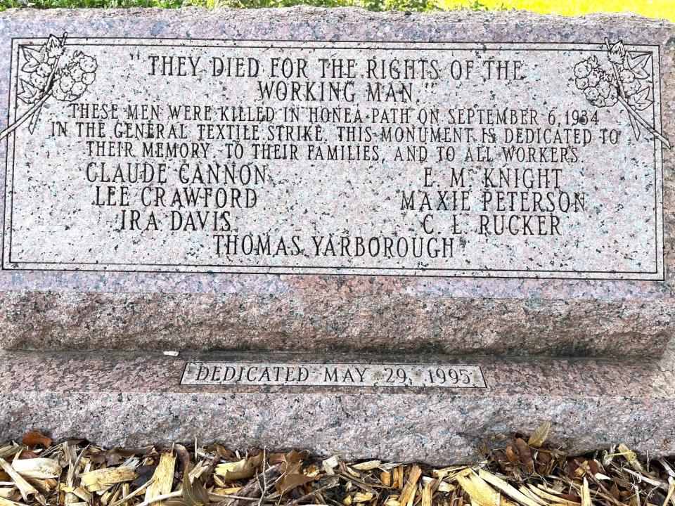  A monument in Dogwood Park in Honea Path, S.C., honors the seven people killed on what became known as Bloody Thursday. (Paul Hyde/Special to the SC Daily Gazette)