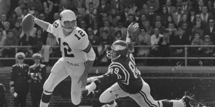 Unknown date and location; USA: FILE PHOTO; St. Louis Cardinals quarterback Charley Johnson (12) in action against the Philadelphia Eagles.