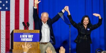 Vice President nominee Tim Walz gives remarks in Grand Rapids