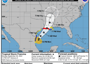 Tropical Storm Francine is expected to become Hurricane Francine on Tuesday, drenching a swath of coast from Texas to Mississippi with flash flooding and life-threatening storm surge as it makes landfall Wednesday. This graphic shows the likely path of the center of the storm, and not the full impacts.