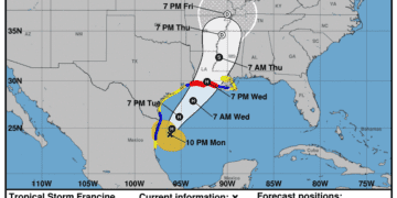 Tropical Storm Francine is expected to become Hurricane Francine on Tuesday, drenching a swath of coast from Texas to Mississippi with flash flooding and life-threatening storm surge as it makes landfall Wednesday. This graphic shows the likely path of the center of the storm, and not the full impacts.