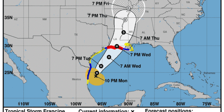 Tropical Storm Francine is expected to become Hurricane Francine on Tuesday, drenching a swath of coast from Texas to Mississippi with flash flooding and life-threatening storm surge as it makes landfall Wednesday. This graphic shows the likely path of the center of the storm, and not the full impacts.