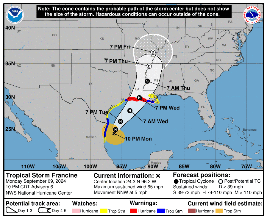 Tropical Storm Francine is expected to become Hurricane Francine on Tuesday, drenching a swath of coast from Texas to Mississippi with flash flooding and life-threatening storm surge as it makes landfall Wednesday. This graphic shows the likely path of the center of the storm, and not the full impacts.