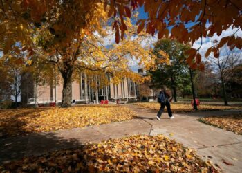 Oct 31, 2023; Granville, Ohio, USA; Mia Hennum walks on the Denison University campus.