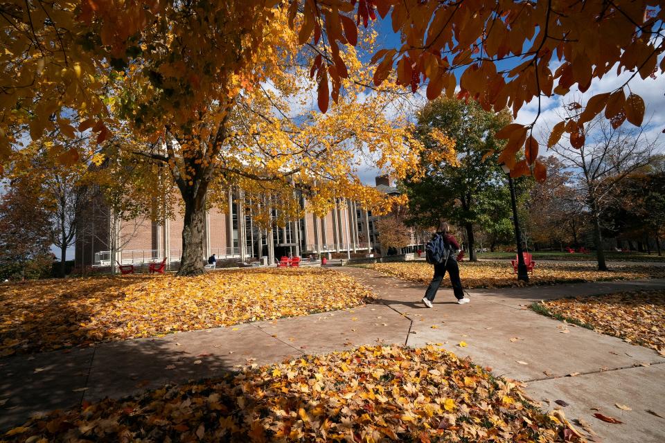 Oct 31, 2023; Granville, Ohio, USA; Mia Hennum walks on the Denison University campus.