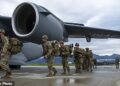 As part of a 'force projection exercise' to Shemya Island U.S. Army soldiers board Air Force C-17 Globemaster III