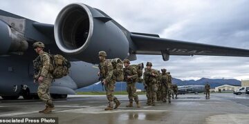 As part of a 'force projection exercise' to Shemya Island U.S. Army soldiers board Air Force C-17 Globemaster III