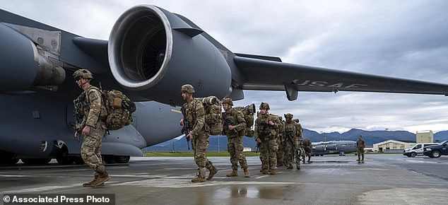 As part of a 'force projection exercise' to Shemya Island U.S. Army soldiers board Air Force C-17 Globemaster III