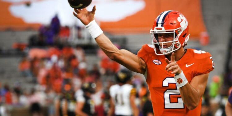 Sept 7, 2024; Clemson, SC, USA; The Clemson Tigers played the Appalachian State Mountaineers in college football Saturday, Sept. 7, 2024. Clemson quarterback Cade Klubnik (2) warms up. Mandatory Credit: Alex Hicks Jr./USA TODAY Sports via Imagn Images