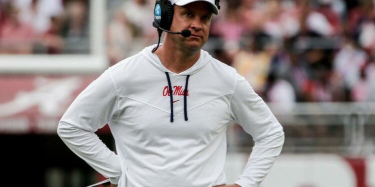 Oct 2, 2021; Tuscaloosa, Alabama, USA; Mississippi Rebels head coach Lane Kiffin reacts after turning the ball over against the Alabama Crimson Tide during the second half of an NCAA college football game at Bryant-Denny Stadium. Mandatory Credit: Butch Dill-USA TODAY Sports