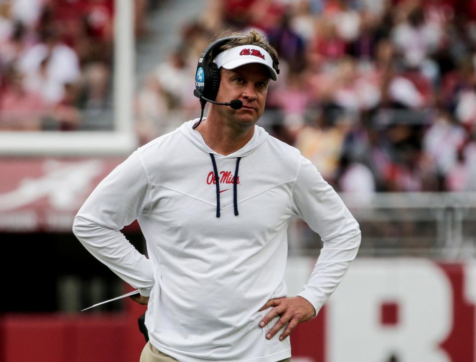 Oct 2, 2021; Tuscaloosa, Alabama, USA; Mississippi Rebels head coach Lane Kiffin reacts after turning the ball over against the Alabama Crimson Tide during the second half of an NCAA college football game at Bryant-Denny Stadium. Mandatory Credit: Butch Dill-USA TODAY Sports