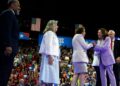 Tim Walz and Kamala Harris greet Sen. Jacky Rosen, D-Nev., Rep. Dina Titus, D-Nev., and Rep. Steven Horsford, D-Nev., at a campaign rally on Aug. 10, 2024, in Las Vegas.