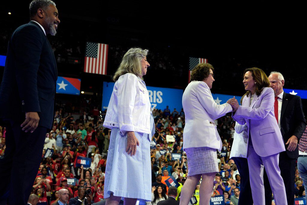 Tim Walz and Kamala Harris greet Sen. Jacky Rosen, D-Nev., Rep. Dina Titus, D-Nev., and Rep. Steven Horsford, D-Nev., at a campaign rally on Aug. 10, 2024, in Las Vegas. 