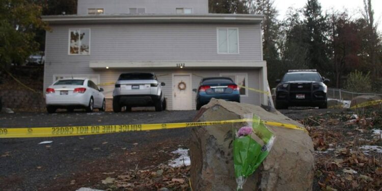 PHOTO: In this Nov. 16, 2022, file photo, flowers were left at the house where four University of Idaho students were found dead, in Moscow, Idaho.