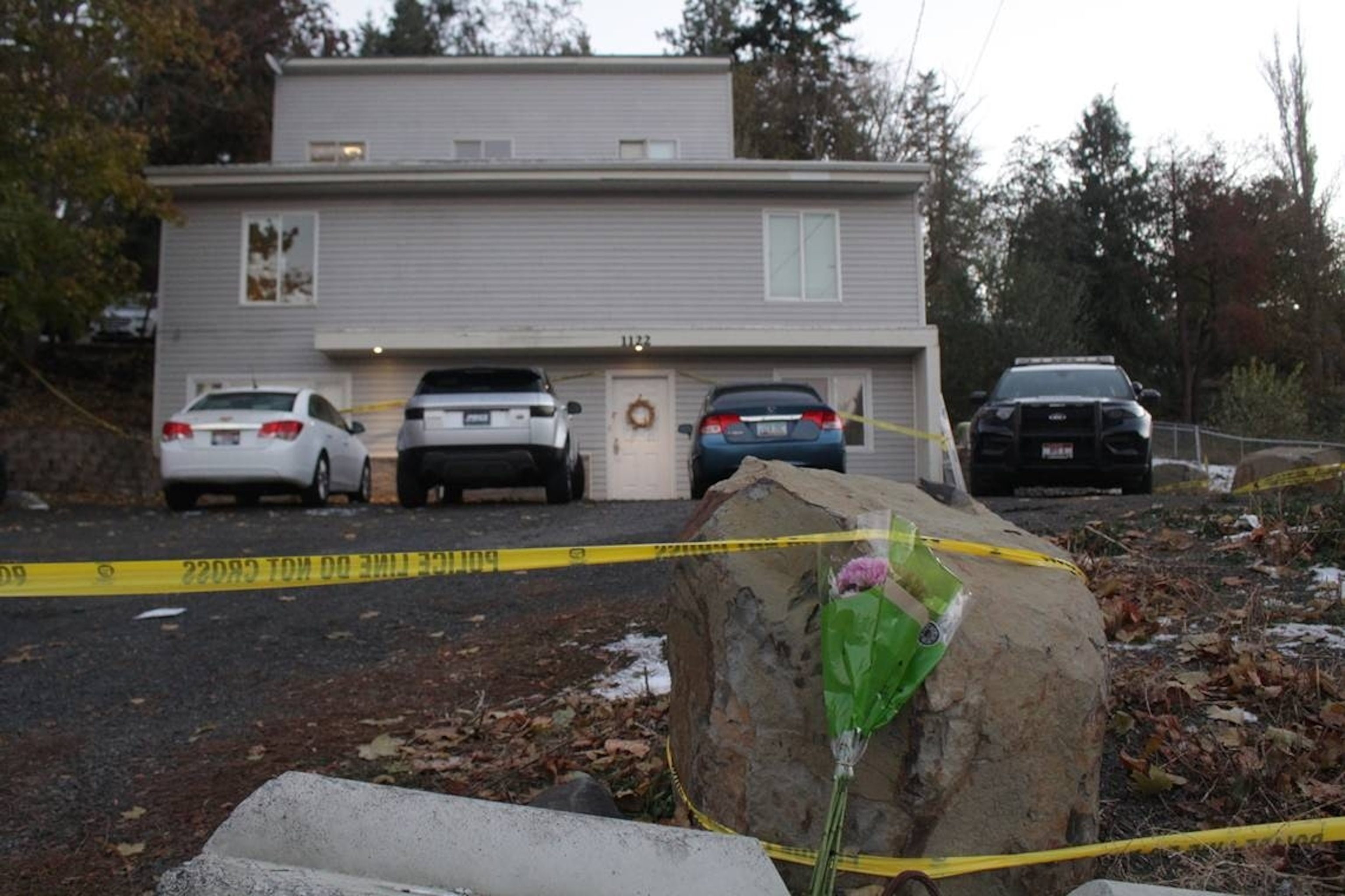 PHOTO: In this Nov. 16, 2022, file photo, flowers were left at the house where four University of Idaho students were found dead, in Moscow, Idaho.