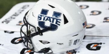 Sep 4, 2021; Pullman, Washington, USA; Utah State Aggies helmet sits during a game against the Washington State Cougars in the second half at Gesa Field at Martin Stadium. The Aggies26-23. Mandatory Credit: James Snook-USA TODAY Sports