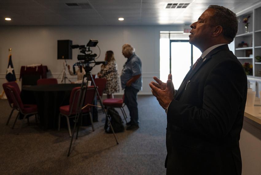 Mayor of Odessa Javier Joven prays before the start of a ministerial roundtable event Monday, Aug. 12, 2024, in Odessa.