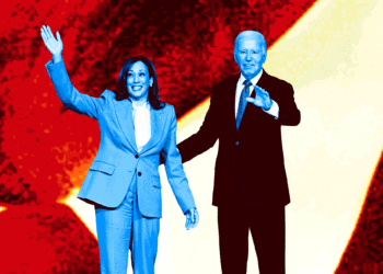 A cutout of President Joe Biden and Vice President Kamala Harris is in the foreground of the photo illustration. Biden's left hand looks like he is reaching out to the audience in greeting; Harris's right is in mid-wave. The cutout is treated in a blue-black-white gradient. Behind them, a cutout of Donald Trump's head and shoulders zoom bigger and bigger until it fills and overflows the frame, and goes on loop. His photo is treated in an orange-yellow-black-white gradient. All three have toothy smiles.