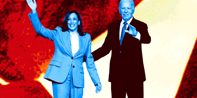 A cutout of President Joe Biden and Vice President Kamala Harris is in the foreground of the photo illustration. Biden's left hand looks like he is reaching out to the audience in greeting; Harris's right is in mid-wave. The cutout is treated in a blue-black-white gradient. Behind them, a cutout of Donald Trump's head and shoulders zoom bigger and bigger until it fills and overflows the frame, and goes on loop. His photo is treated in an orange-yellow-black-white gradient. All three have toothy smiles.