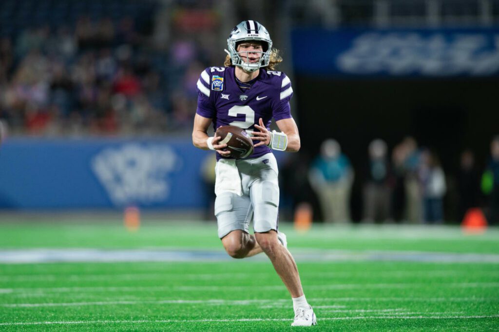 Kansas State sophomore Avery Johnson (2) will make his first home start at quarterback Saturday when the Wildcats open the 2024 season against Tennessee-Martin at Bill Snyder Family Stadium.